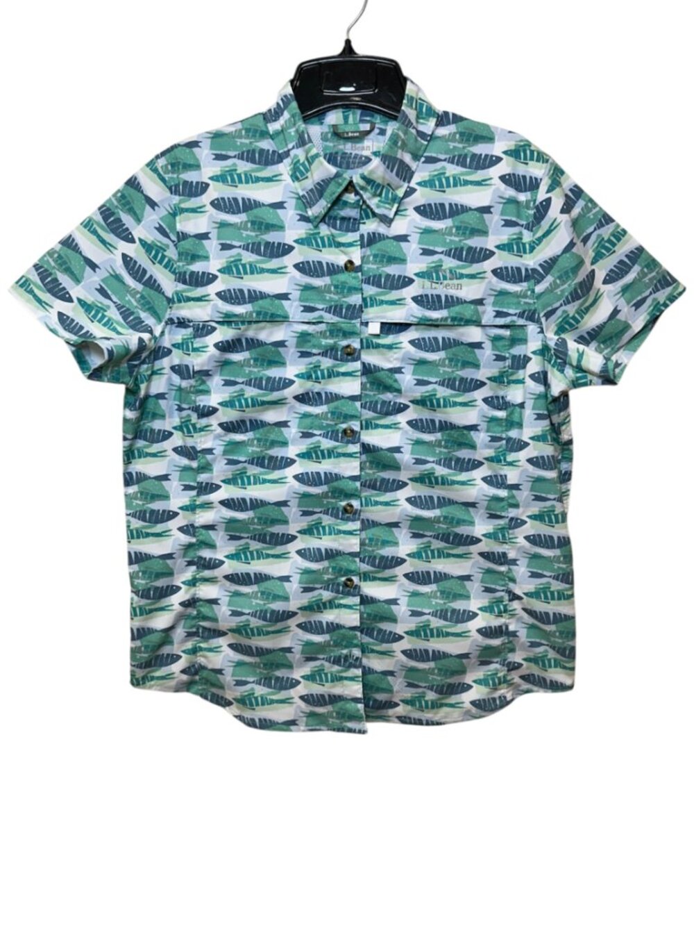L.L. Bean Shirt Tropicwear Womens Button Up Short Sleeve Vented Fish Print M